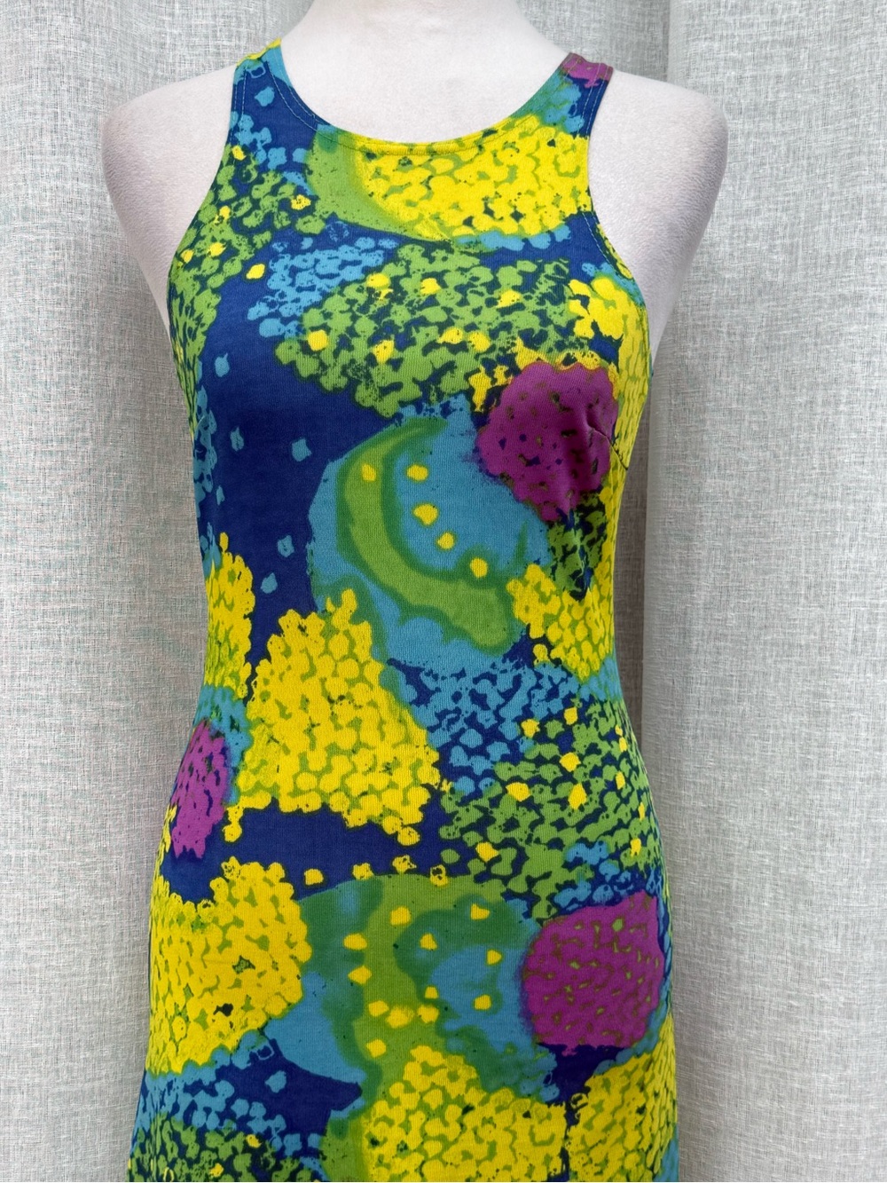 1970 paisley JerSea of Sweden cross back blue yellow green sleeveless dress - Picture 5 of 14